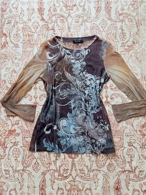 B.L.E.U. Brown and Blue Floral Scroll Long Sleeve Top